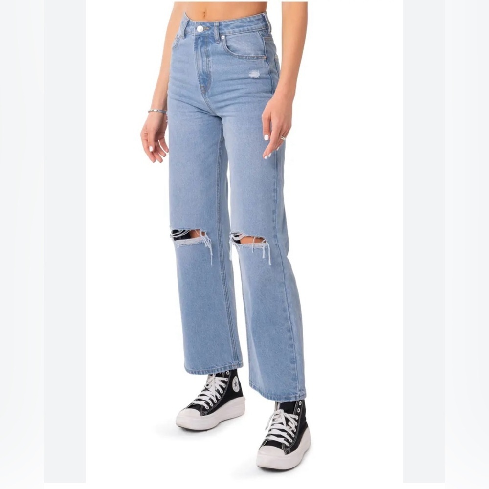 Edikted Lori Ripped High Waist Wide Leg Jeans light wash size small